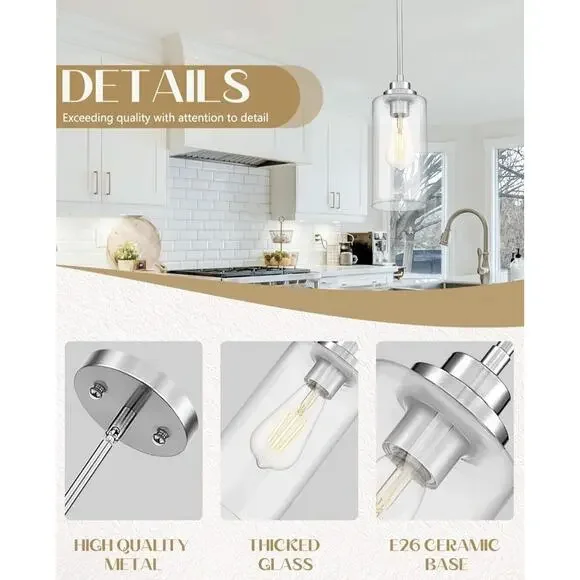 Pendant Light Fixture Brushed Nickel Clear Glass, Kitchen Dining Room Bedroom - Picture 4 of 7